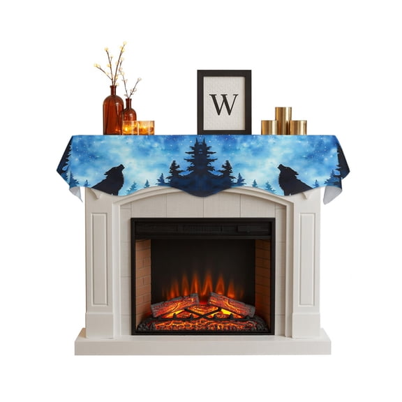 Black Wolf Silhouette Fireplace Mantel Scarf, Abstract Starry Night Forest Mantel Cover Table Runner, Fireplace Top Dresser Scarves for Party Holiday Living Room Home Decoration 60x17 Inch