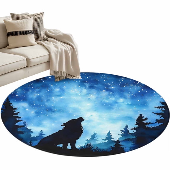Black Wolf Silhouette Large Area Rugs for Bedroom Living Room, Soft Non Slip Carpet Bedside Rug, Abstract Starry Night Forest Round Floor Cover Kitchen Accent Rug 3' for Dining Room/Office