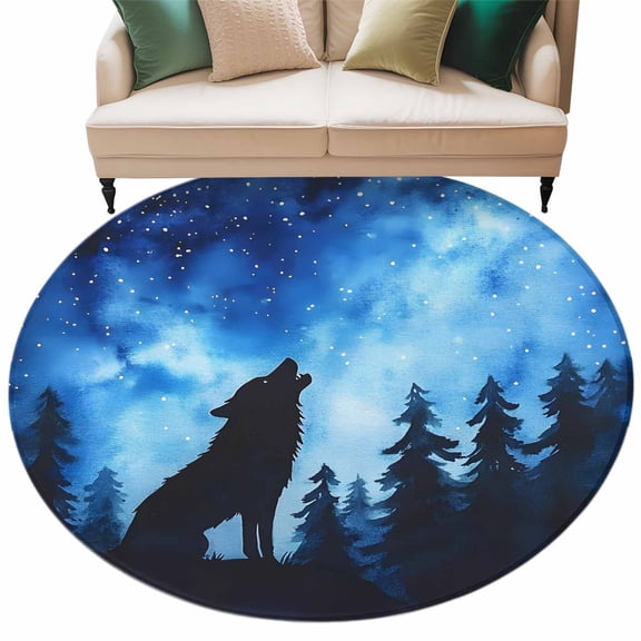 Black Wolf Silhouette Large Area Rugs for Bedroom Living Room, Soft Non Slip Carpet Bedside Rug, Forest Starry Night Sky Round Floor Cover Kitchen Accent Rug 7' for Dining Room/Office