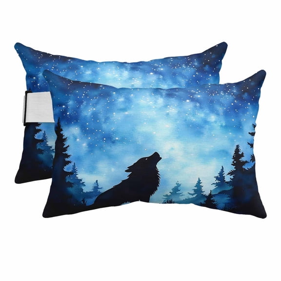 Black Wolf Silhouette Outdoor Pillows for Chaise Lounge Chair Beach Headrest Pillow Set of 2 Waterproof Lumbar Pillows with Insert&Strap Abstract Starry Night Forest Pillow for Patio Pool 12"x20"
