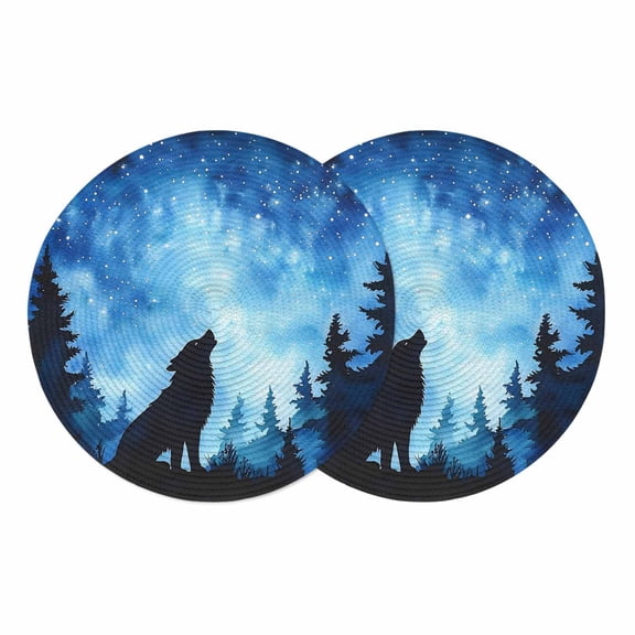 Black Wolf Silhouette Round 13 Inch Placemats Set of 2, Abstract Starry Night Forest HeatResistant Non Slip Place Mats for Dining Table, Wipeable Braided Kitchen Table Mats for Housewarming