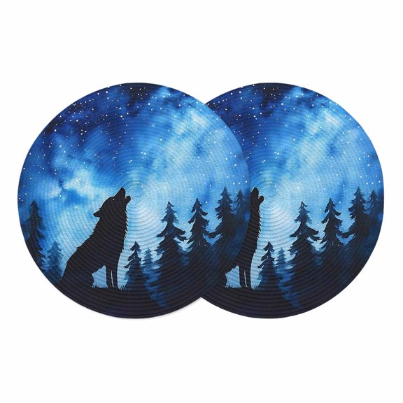 Black Wolf Silhouette Round 13 Inch Placemats Set of 2, Forest Starry Night Sky HeatResistant Non Slip Place Mats for Dining Table, Wipeable Braided Kitchen Table Mats for Housewarming