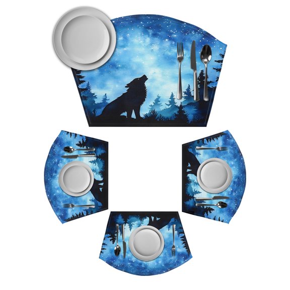 Black Wolf Silhouette Round Table Placemats Set of 2 Wedge Placemats, Abstract Starry Night Forest Place Mats for Dining Table Set Washable Mats Kitchen Decor for Indoor Outdoor Wipe Clean