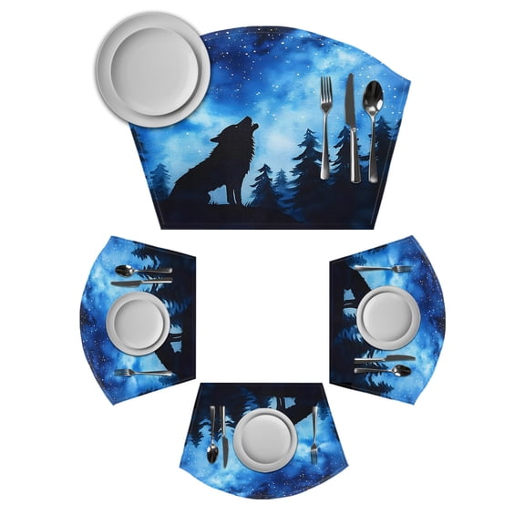 Black Wolf Silhouette Round Table Placemats Set of 2 Wedge Placemats, Forest Starry Night Sky Place Mats for Dining Table Set Washable Mats Kitchen Decor for Indoor Outdoor Wipe Clean