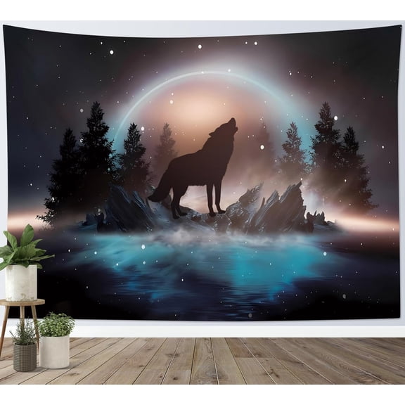 Black Wolf Tapestry Forest Mountain and Blue Ocean Wall Tapestry Moon in Starry Sky Tapestries for Bedroom Living Room College Dorm Wall Decor,60Wx40H inches