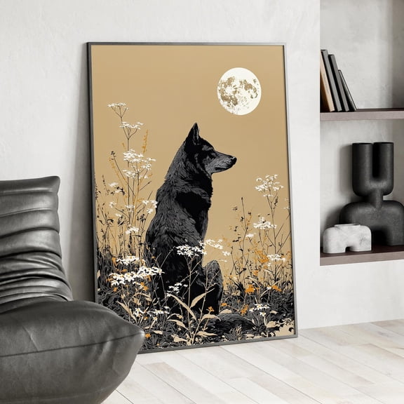 Black Wolf Wildflower Poster, Floral Moonlit Nature Wall Art