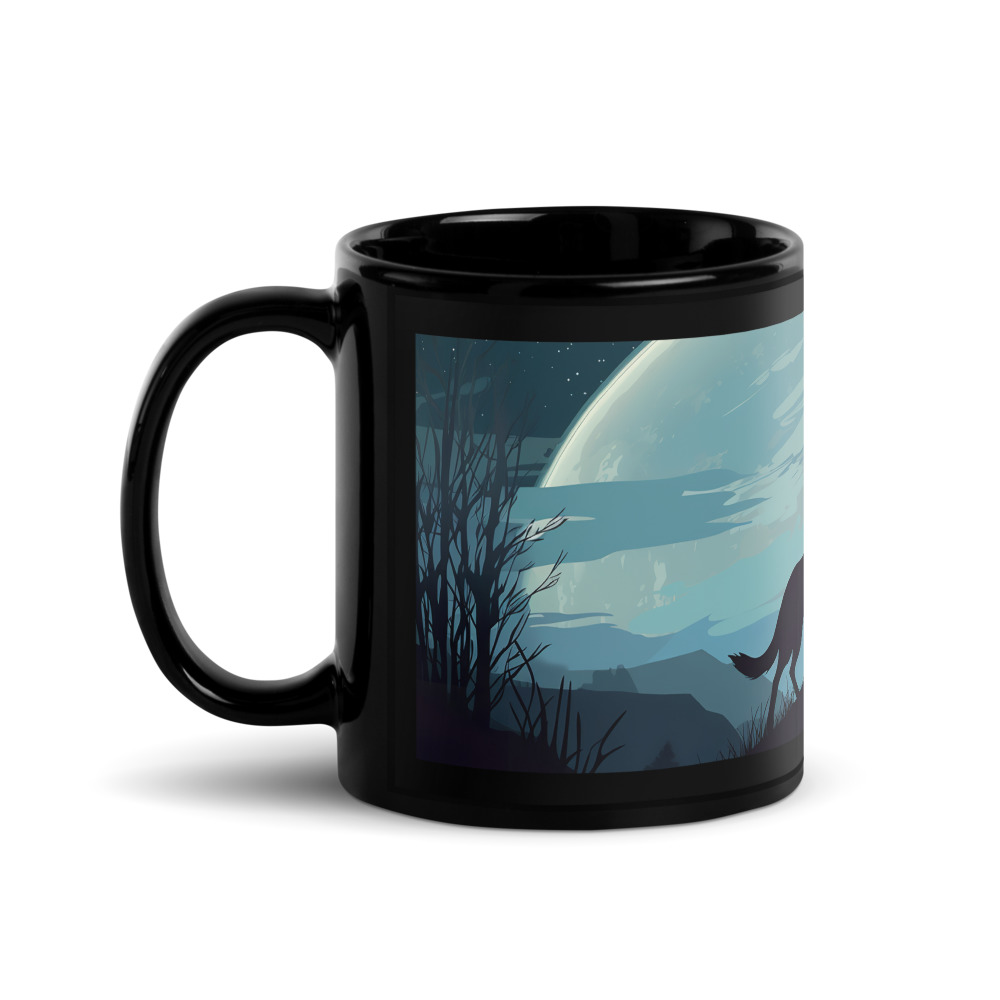 Black Wolf in Moonlight Mug Mysterious Forest Design