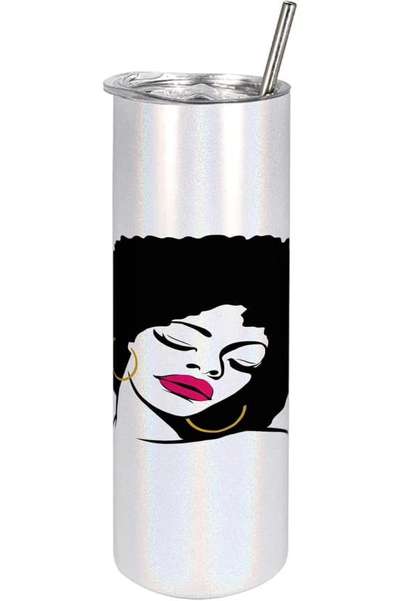Black Woman 20 Oz Skinny Tumbler, Woman with Afro Hair Pop Art Drawing Funky Earrings and Lipstick, Leak-Proof Straw Lid and Brush Vacuum Insulated for Outdoor Use, Black Pink Earth Yellow