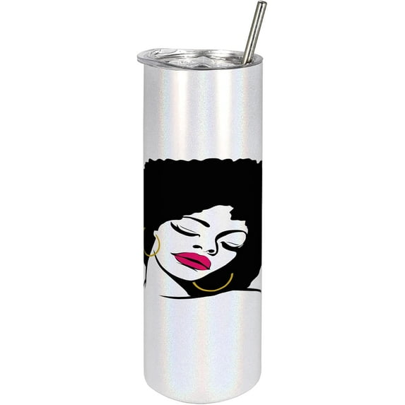 Black Woman 20 Oz Skinny Tumbler, Woman with Afro Hair Pop Art Drawing Funky Earrings and Lipstick, Leak-Proof Straw Lid and Brush Vacuum Insulated for Outdoor Use, Black Pink Earth Yellow