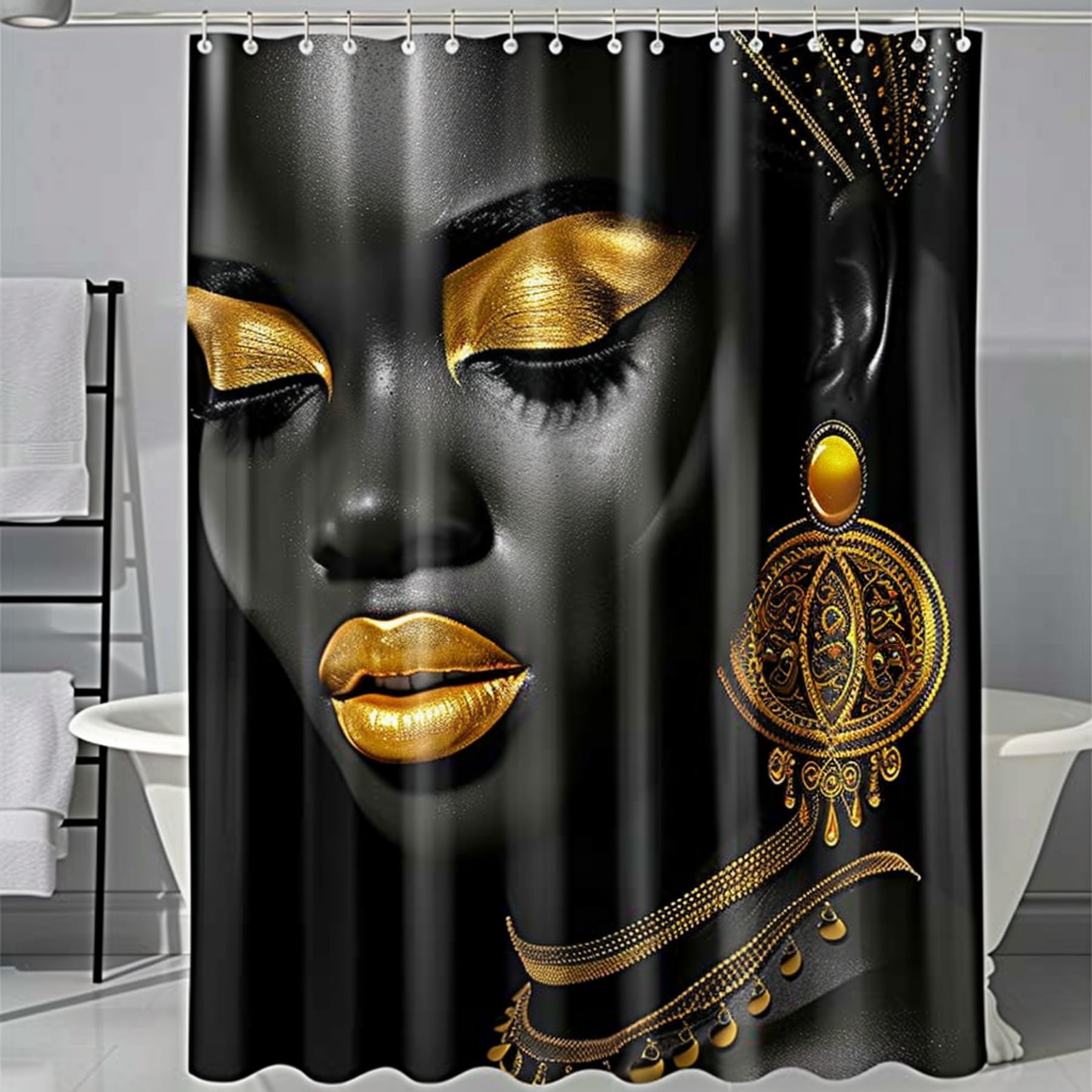 Black Woman African Tribal Style Shower Curtain Set with Gold Accents