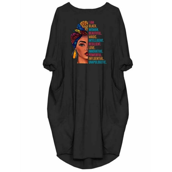 Black Woman Beautiful Magic African Dress For Women Long Sleeve Loose Pocket Oversize Tunic Dress
