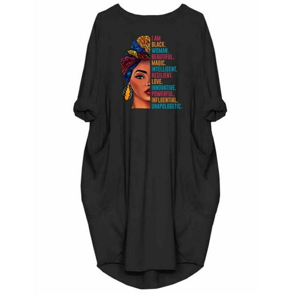 Black Woman Beautiful Magic African Dress For Women Long Sleeve Loose Pocket Oversize Tunic Dress