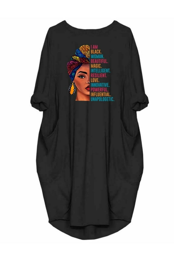 Black Woman Beautiful Magic African Dress For Women Long Sleeve Loose Pocket Oversize Tunic Dress