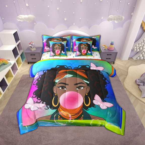 Black Woman Bed in a Bag Queen Comforter Set 7 Piece,American African Black Bedding Sets Afro Hair Princess Melanin Sheet Set with Comforter