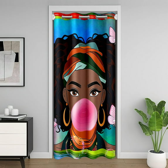 Black Woman Blackout Curtain 34" W X 80" L,American African Black Doorway Curtain Afro Hair Princess Melanin Door Curtain,Butterfly Gradient Teal Blue Purple Green Rainbow Door Drape