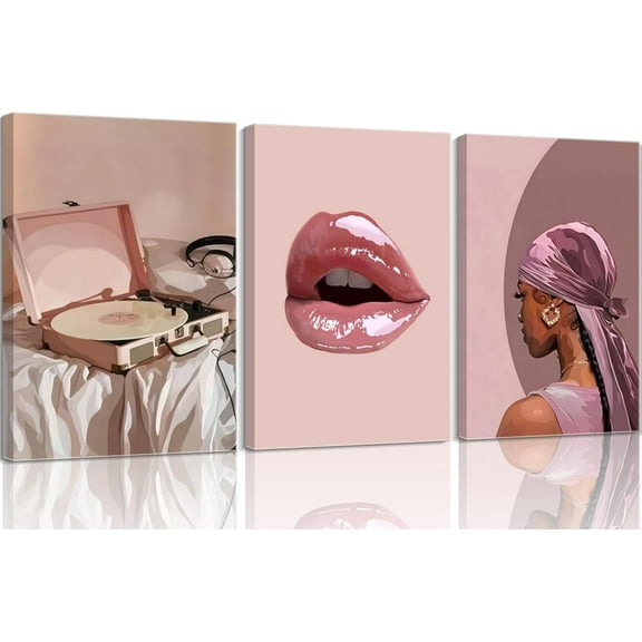 Black Woman Canvas Wall Art Pink Trendy African American Painting Picture Wall Decor Fashion Black Girl Record Music Poster Print Artwork for Living Room Bedroom Office Apartment Home Decoration