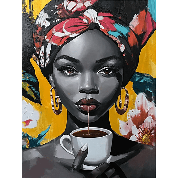Black Woman Coffee Canvas PaintingSuitable for Living RoomBedroomKitchenBathroomOffice Decoration