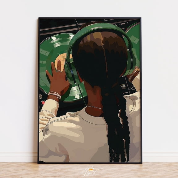 Black Woman DJ Green Vinyl Record Wall Art Print, Unframed Paper Poster 8x10in