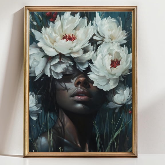 Black Woman Floral Portrait Wall Art Dark Peony Face Afro Decor