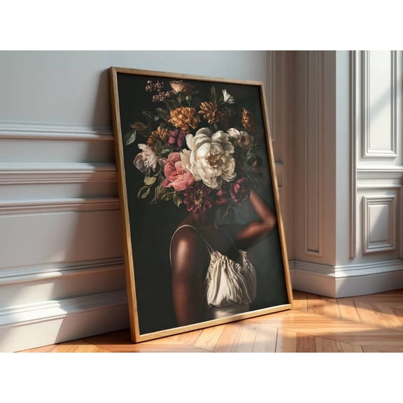 Black Woman Flower Head Wall Art Print, Unframed Paper Poster 8x10in
