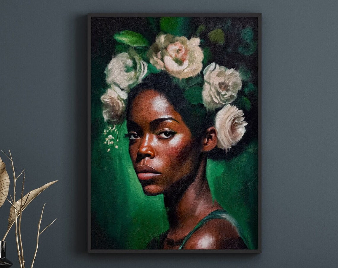 Black Woman Head Flowers Poster, Black Girl Art, African American Art ...