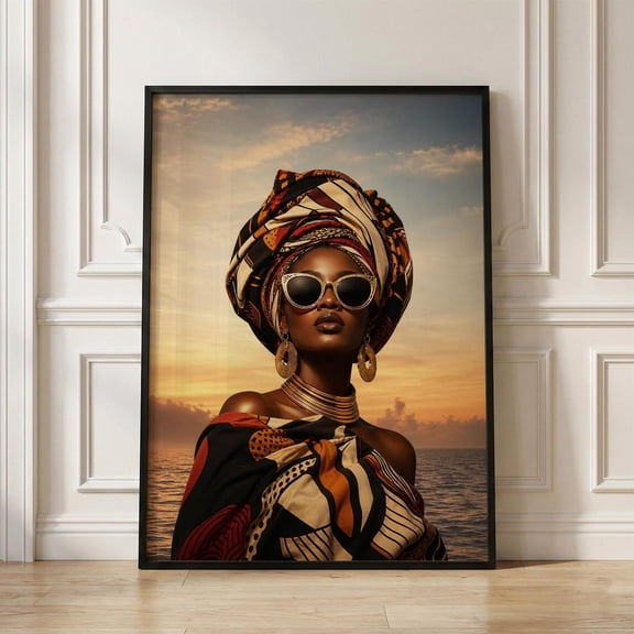Black Woman Headwrap Wall Art Afrocentric Fashion Portrait Sunset Coastal Boho Glam Decor, Unframed Canvas