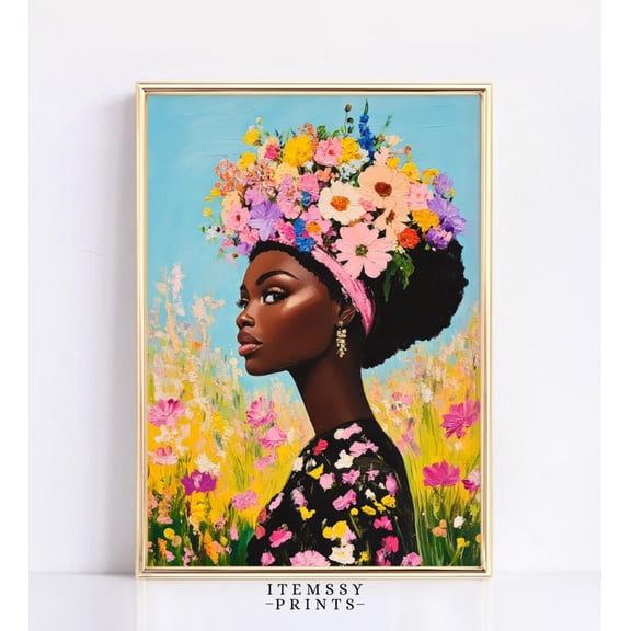 Black Woman In Wildflower Field Poster, Afro Ethnic Art, Nature,Inspired, Boho Wall Decor, Living Room Spring Poster, 8x12 UNFRAMED