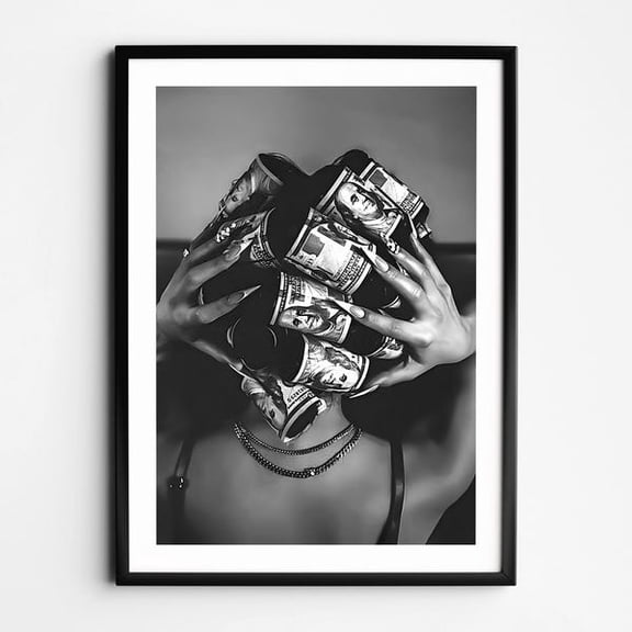 Black Woman with Money on Head Wall Art, Black and White Feminist Poster, Luxury Fashion Wall Art, Trendy Rich Woman, Retro Girl Room Decor, Unframed Paper Poster 24x36in