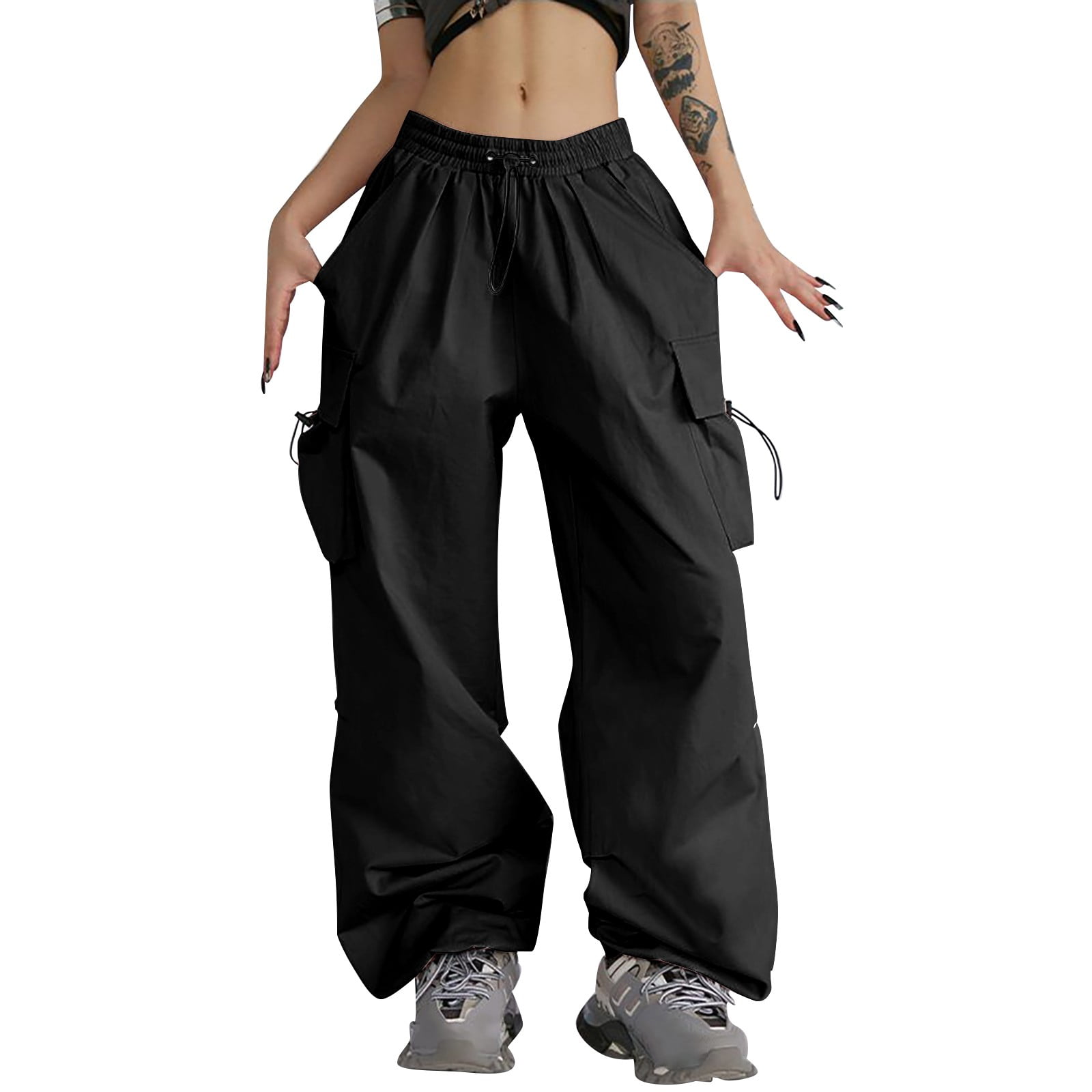 Black Woman Pants Clearance Parachute Pants With 4 Pockets High Rise