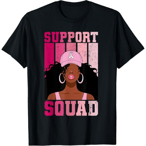 Black Woman Pink Ribbon October Breast Cancer Support Squad T-Shirt