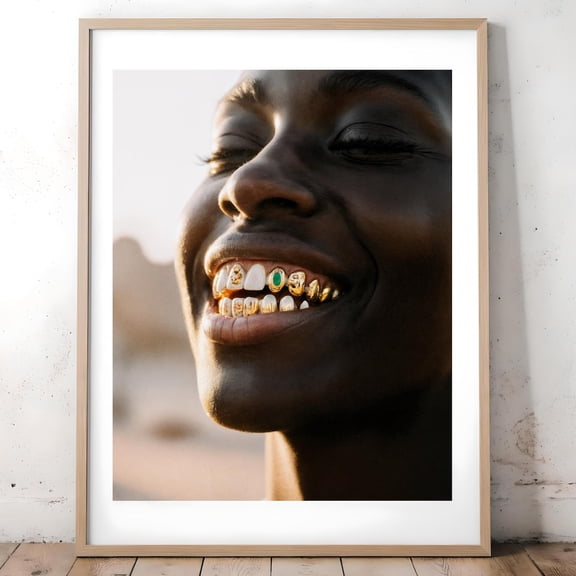 Black Woman Poster Wall Art, Afro Portrait Poster with Gold Teeth, African American Smile Poster, Surreal Fashion Decor, Size 8x12 UNFFRAMED F03.1.7l2792