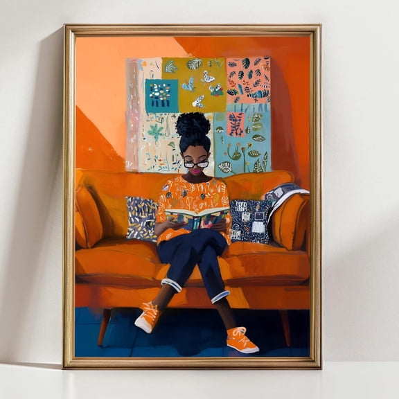 Black Woman Reading Art Print African American Book Lover Gift Colorful Living Room Wall Art Bookish Girl With Glasses Print