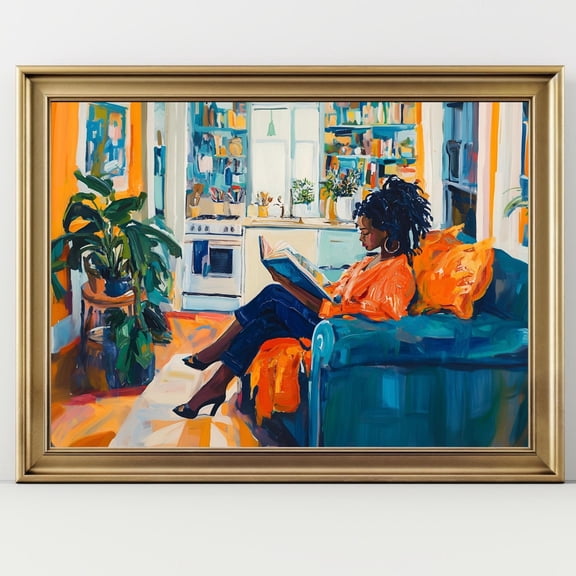 Black Woman Reading Art Print Colorful Modern Living Room African American Wall Art Cozy Home Library Decor