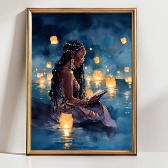 Black Woman Reading Lantern Art Magical Night Lake Afrocentric Fantasy Art, Unframed Canvas 8x10in