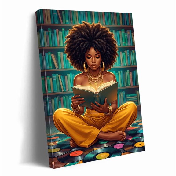 Black Woman Reading Wall Art Afrocentric Decor Library Print Book Lover Gift Bibliophile Vinyl Records Living Room