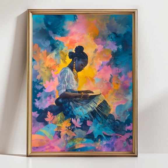 Black Woman Reading Wall Art Afrocentric Portrait Vibrant Colorful Artwork Home Art, Stretched Canvas 8x10in