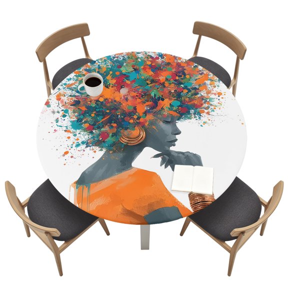 Black Woman Round Fitted Table Cover African American Colorful Hair Waterproof Table Cloth with Elastic Edge Wipeable Tablecloth for Picnic Camping Party Fits 36"-44" Tables