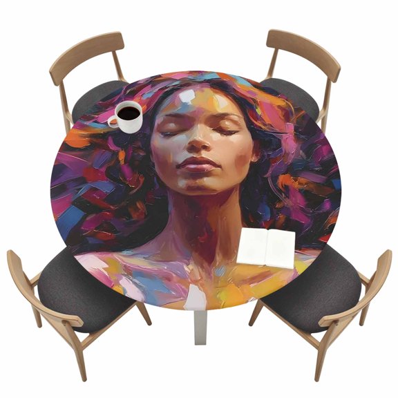 Black Woman Round Fitted Table Cover Colorful Abstract African American Waterproof Table Cloth with Elastic Edge Wipeable Tablecloth for Picnic Camping Party Fits 36"-44" Tables
