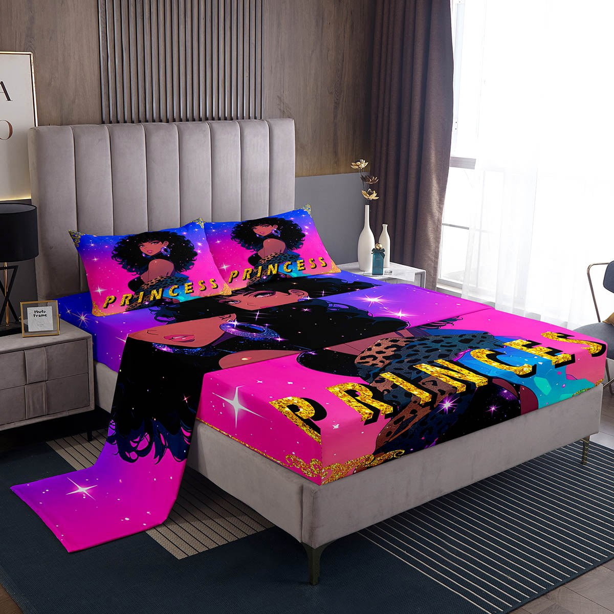 Black Woman Sheet Set for Girls Full,American African Black Girls Sheets Afro Hair Girl Princess ...