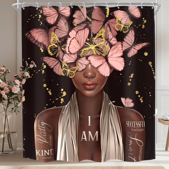 Black Woman Shower Curtain 60Wx72H Black and White Butterfly Shower Curtain African American Shower Curtain Black Girl Bathroom Decor Gold Afro Lady Inspirational Quotes Fabric with 12 Hooks