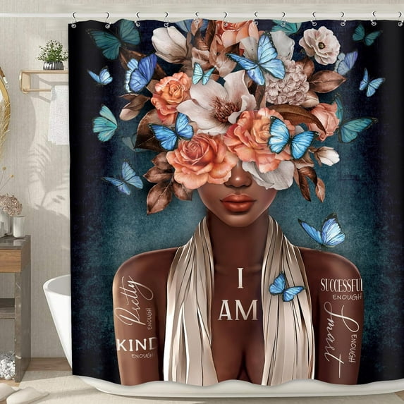 Black Woman Shower Curtain 60Wx72H Black and White Butterfly Shower Curtain African American Shower Curtain Black Girl Bathroom Decor Gold Afro Lady Inspirational Quotes Fabric with 12 Hooks