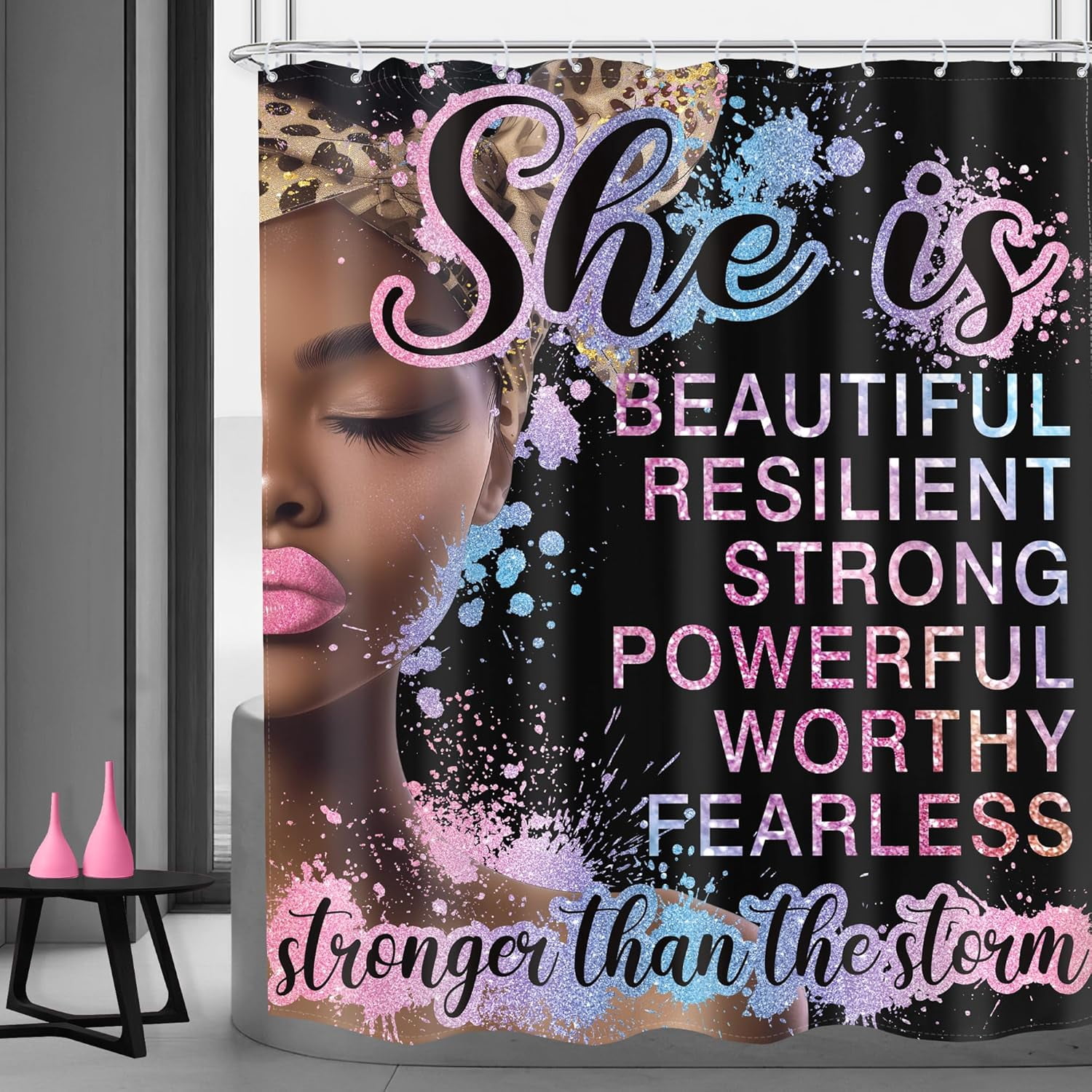 Afro African American Girl Shower Curtain Set, Waterproof 72x72 Inch With 12 Hooks, Black Art Bathroom Decor