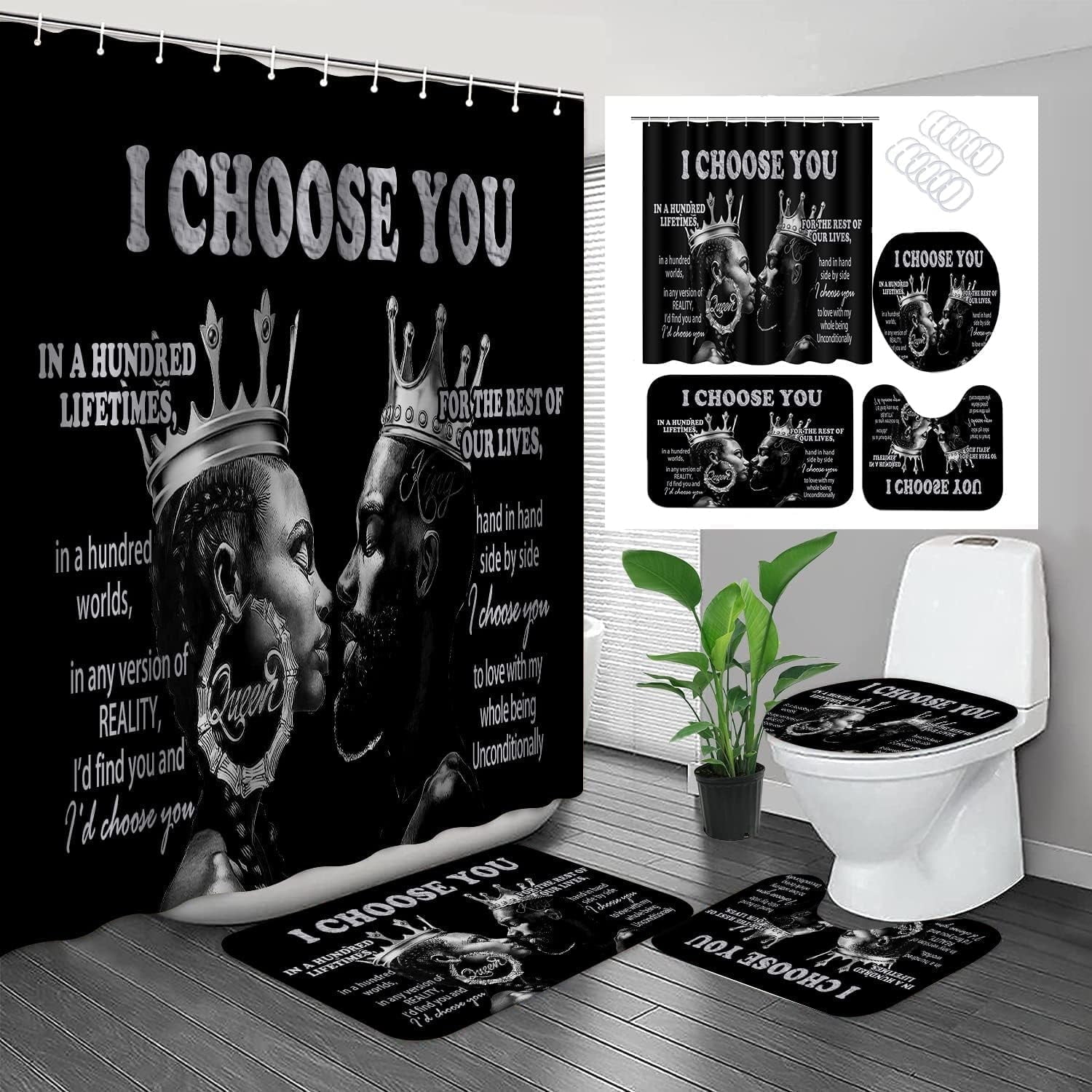 Black Woman Shower Curtain Sets with Rugs, Boho Inspirational Quote African American Girl Bathroom Sets with Shower Curtains, Toilet Lid Cover, Bath Mat, Colorful Fabric Bathroom Curtain Shower Set