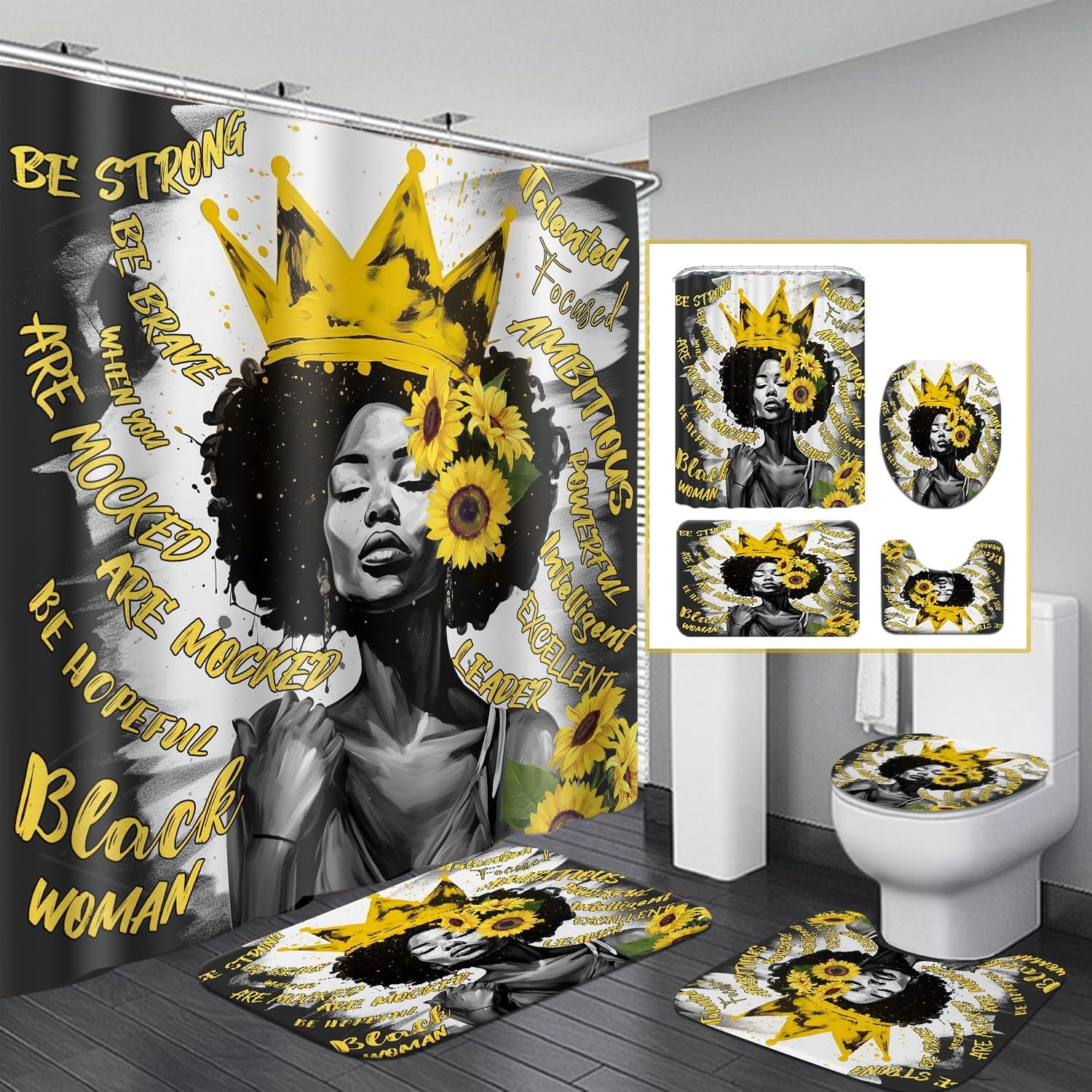 Black Woman Shower Curtain Sets with Rugs, Boho Inspirational Quote African American Girl Bathroom Sets with Shower Curtains, Toilet Lid Cover, Bath Mat, Colorful Fabric Bathroom Curtain Shower Set