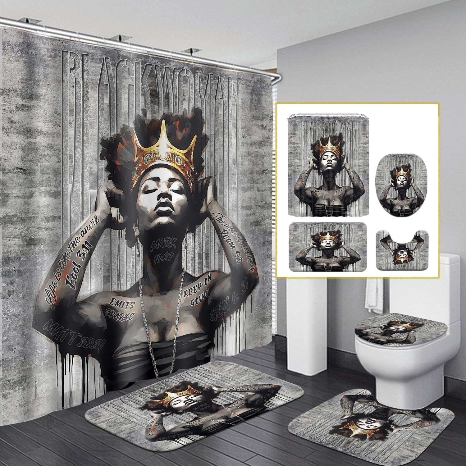 Black Woman Shower Curtain Sets with Rugs, Boho Inspirational Quote African American Girl Bathroom Sets with Shower Curtains, Toilet Lid Cover, Bath Mat, Colorful Fabric Bathroom Curtain Shower Set