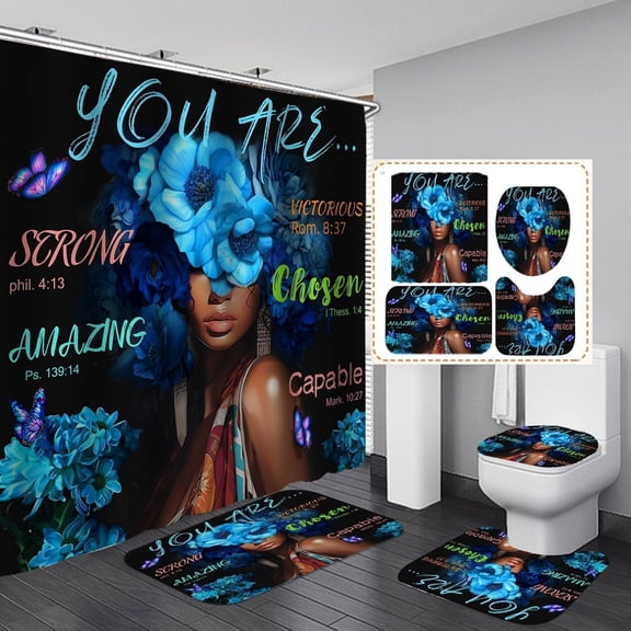 Black Woman Shower Curtain Sets with Rugs, Boho Inspirational Quote African American Girl Bathroom Sets with Shower Curtains, Toilet Lid Cover, Bath Mat, Colorful Fabric Bathroom Curtain Shower Set