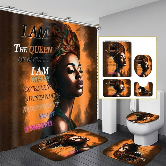 Black Woman Shower Curtain Sets with Rugs, Boho Inspirational Quote African American Girl Bathroom Sets with Shower Curtains, Toilet Lid Cover, Bath Mat, Colorful Fabric Bathroom Curtain Shower Set