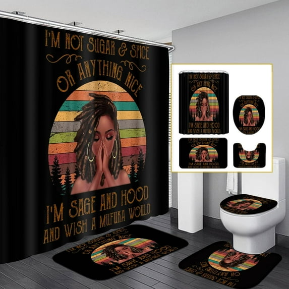 Black Woman Shower Curtain Sets with Rugs, Boho Inspirational Quote African American Girl Bathroom Sets with Shower Curtains, Toilet Lid Cover, Bath Mat, Colorful Fabric Bathroom Curtain Shower Set