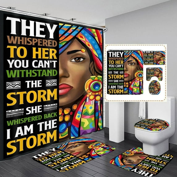 Black Woman Shower Curtain Sets with Rugs, Boho Inspirational Quote African American Girl Bathroom Sets with Shower Curtains, Toilet Lid Cover, Bath Mat, Colorful Fabric Bathroom Curtain Shower Set