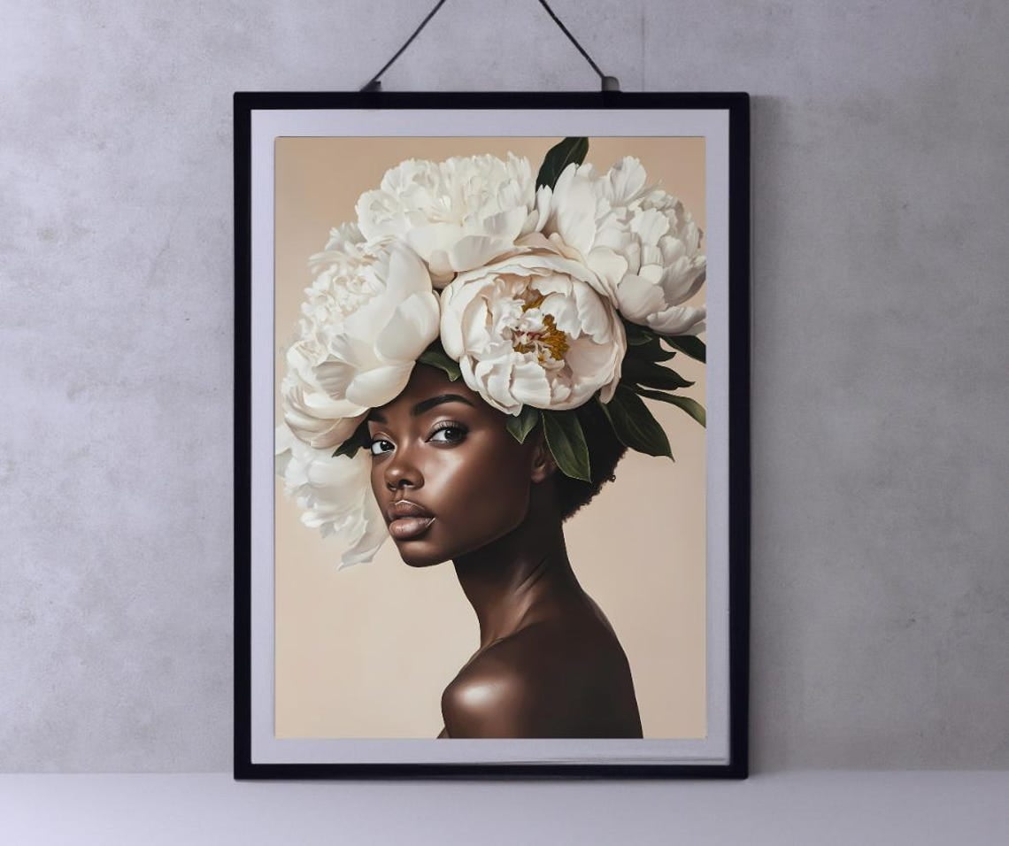 Black Woman Wall Art, African Portrait With Floral Design, Black Art ...